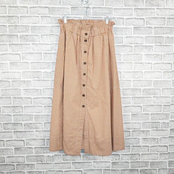 Everlane Women's Button maxi Skirt paperbag waist brown gingham size Medium NWT - Picture 6 of 9